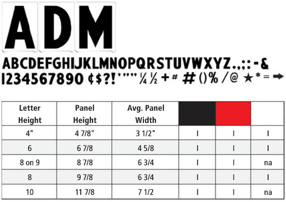 Pronto ADM Letters Size and Color Chart PRONTO ADM MARQUE LETTER SIZE AND COLOR CHART