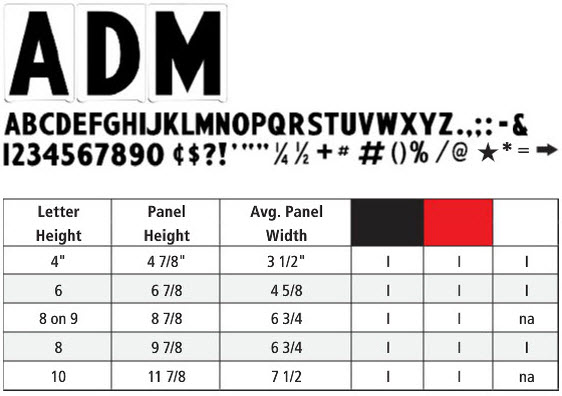 Pronto ADM Letters color and sizes chart