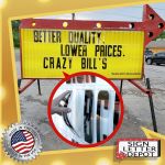 8 inch flexible sign letters installed in Texas Track on a portable road sign, with close-up showing a flexible letter being inserted into the track.