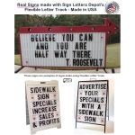 Examples of portable road signs and sidewalk signs using flexible sign letters with flexible letter track.