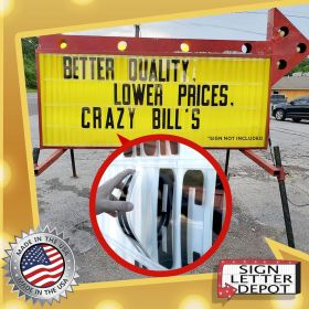 8 inch flexible sign letters installed in Texas Track on a portable road sign, with close-up showing a flexible letter being inserted into the track.