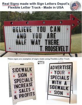 Examples of portable road signs and sidewalk signs using flexible sign letters with flexible letter track.